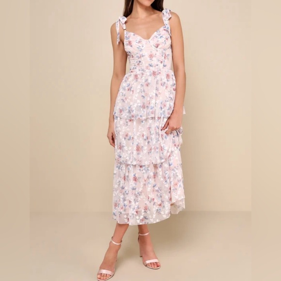 Lulus Flirtatious Radiance Blush Pink Floral Mesh Bustier Midi Dress NWT XXL - Picture 1 of 12